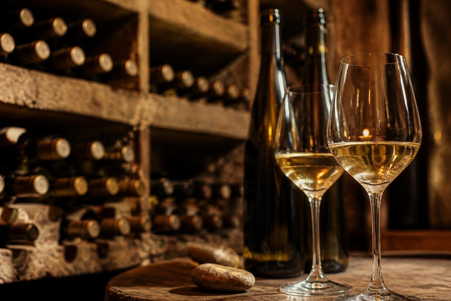Sélection de vins d'Alsace, bouteilles et verres de vin blanc dans une atmosphère de cave