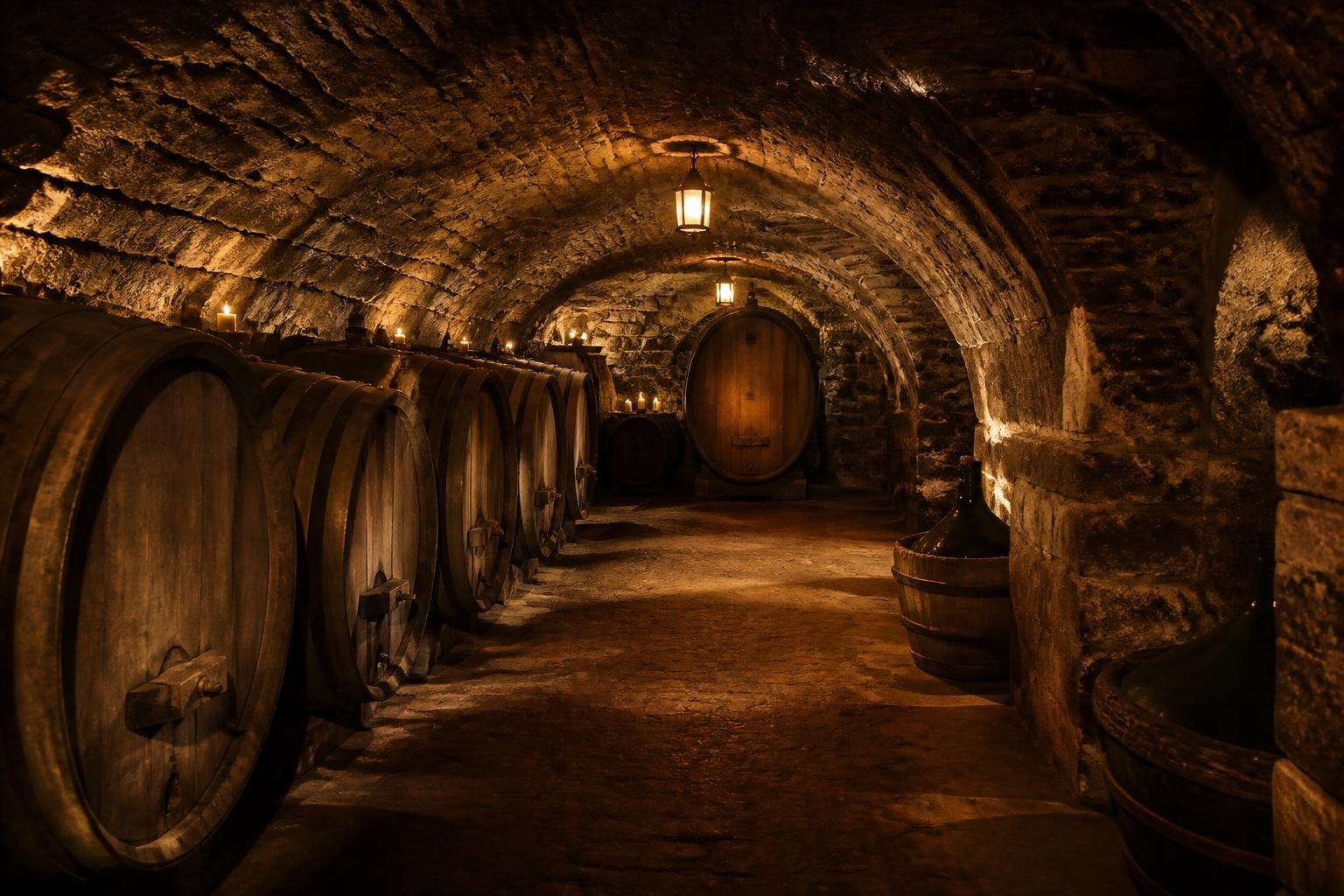 Intérieur de la cave voûtée du Cellier d'Augustin avec tonneaux de bois et lumière tamisée