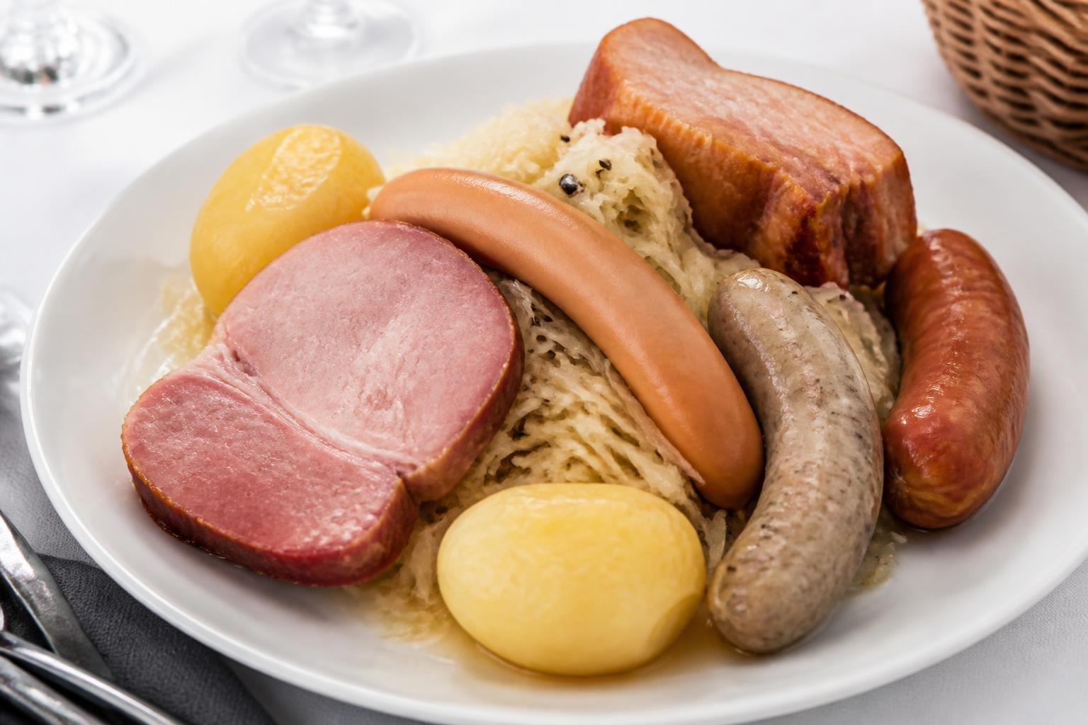 Choucroute garnie servie dans une assiette blanche, plat alsacien traditionnel