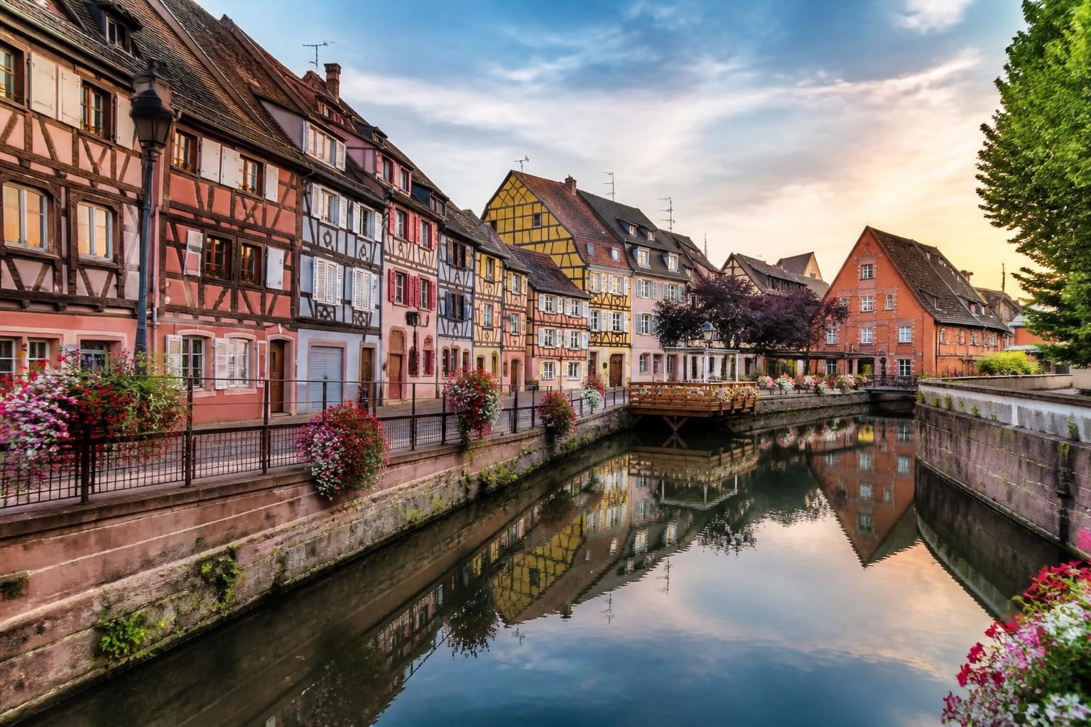 Quai pittoresque de la Petite Venise à Colmar avec maisons alsaciennes et canal